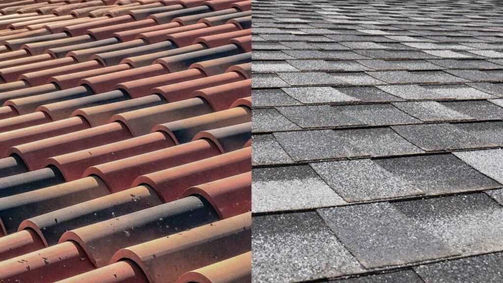 A split image with tile roofing on one side and asphalt roofing on the other.