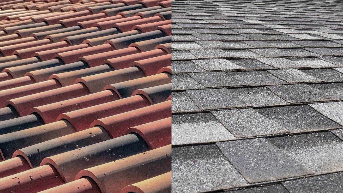 A split image with tile roofing on one side and asphalt roofing on the other.
