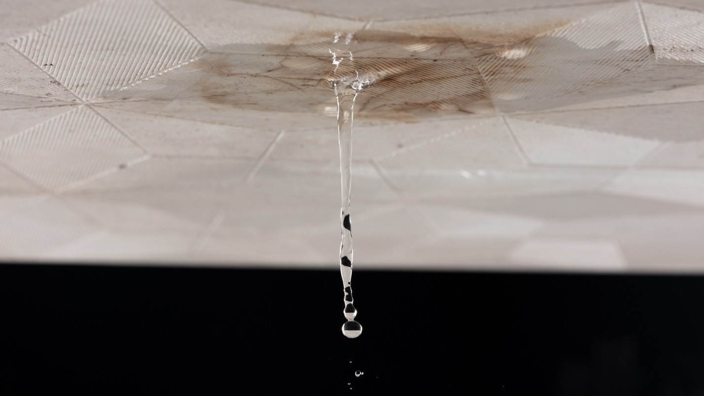 A ceiling with water damage drips water from a leak.