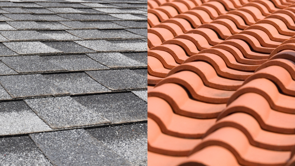 A composite image that shows asphalt shingles on one side and clay tiles on the other