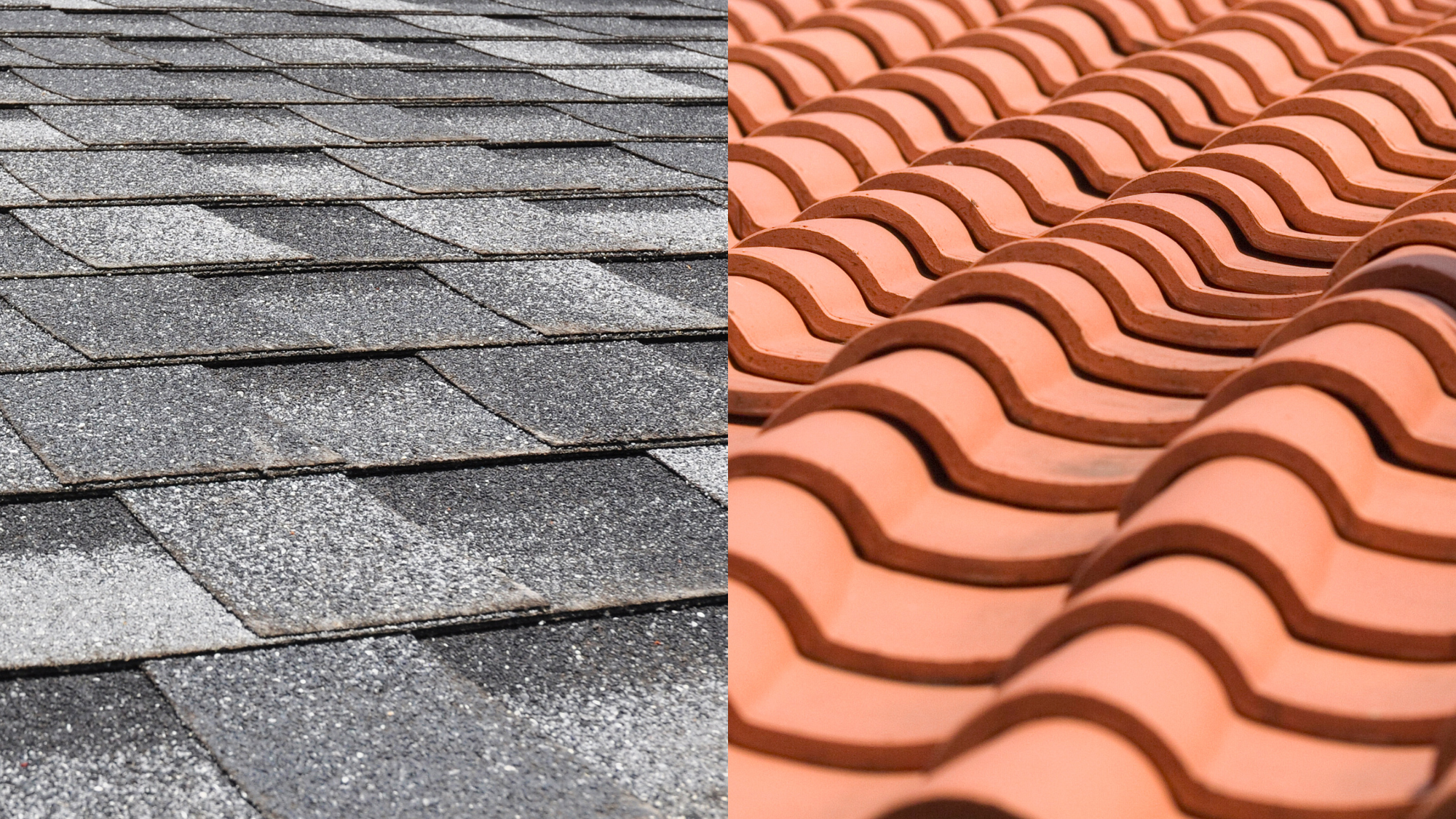 A composite image that shows asphalt shingles on one side and clay tiles on the other